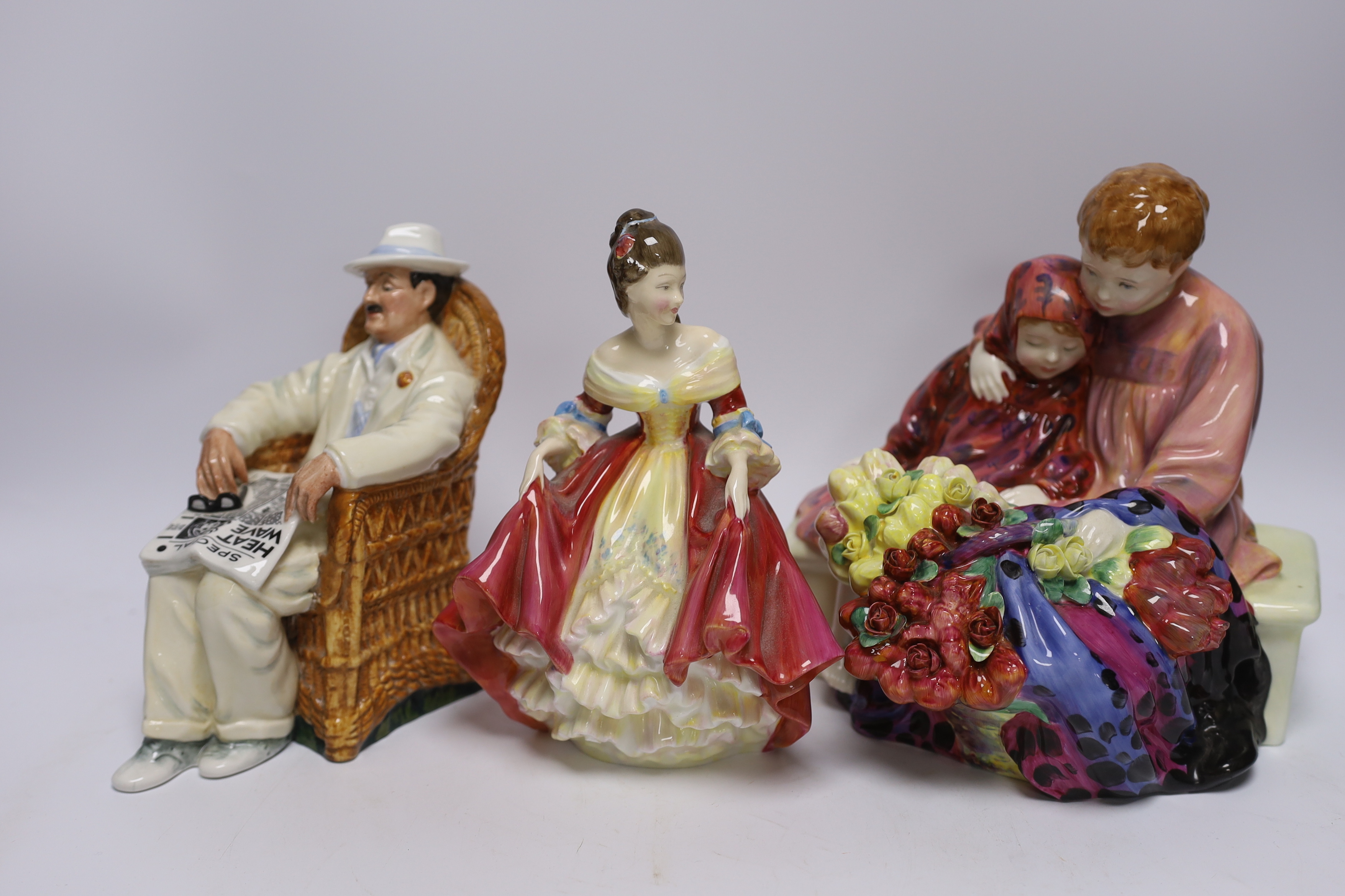 Six various Royal Doulton figures - Southern Belle, Taking Things Easy, Fair Lady, The Laird, Elyse and Flower Sellers Children